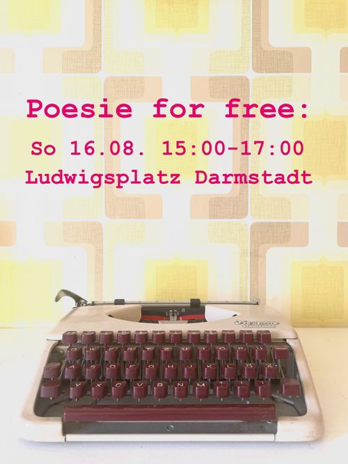 [Ankündigung]
Poesie for free:
So 16.08. 15:00 - 17:00
Ludwigsplatz Darmstadt

Darunter steht eine mechanische Reiseschreibmaschine (Modell Olympia Splendid 33) auf einer Arbeitsplatte. Dahinter eine Tapete im Stil der 1960er/70er Jahre in verschiedenen Gelbtönen.